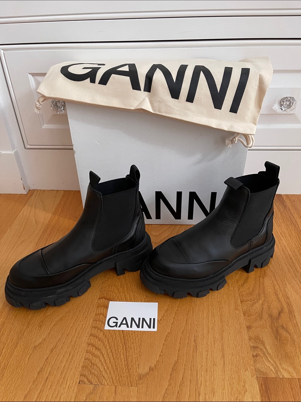 Ganni Black Leather Lug Boot like new!